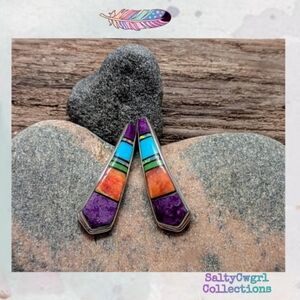 Vintage Navajo Julius Burbank Signed Mosaic Multi Stone Inlaid Earrings